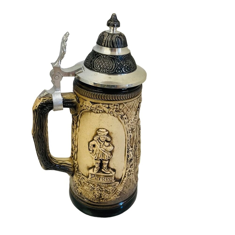 Vintage German Beer Stein With Pewter Lid Handcrafted Ceramic Mug 7.5" Tall Embo
